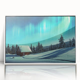 Mid-century modernist art of a serene Finnish landscape in muted blues and greens, acrylic print framed in white.