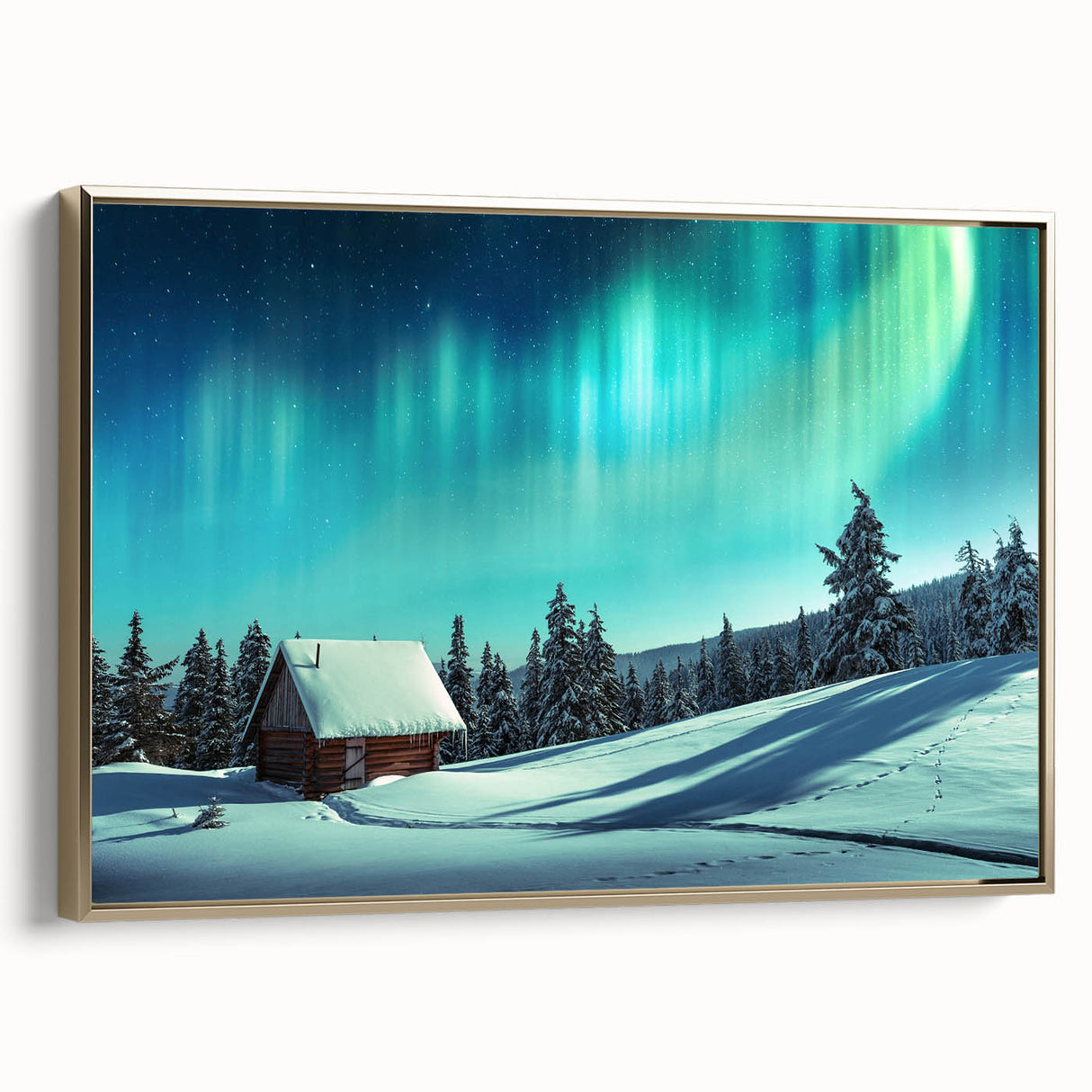 Framed canvas featuring a vintage-style landscape painting of a Finnish scenery in muted gold and black tones.