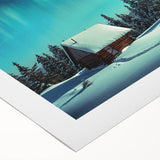 Art deco poster featuring a serene Finnish landscape in muted blue and green hues on rolled canvas.