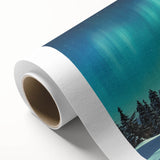 Art Deco style poster of a serene Finnish landscape in muted green and blue tones on rolled canvas.