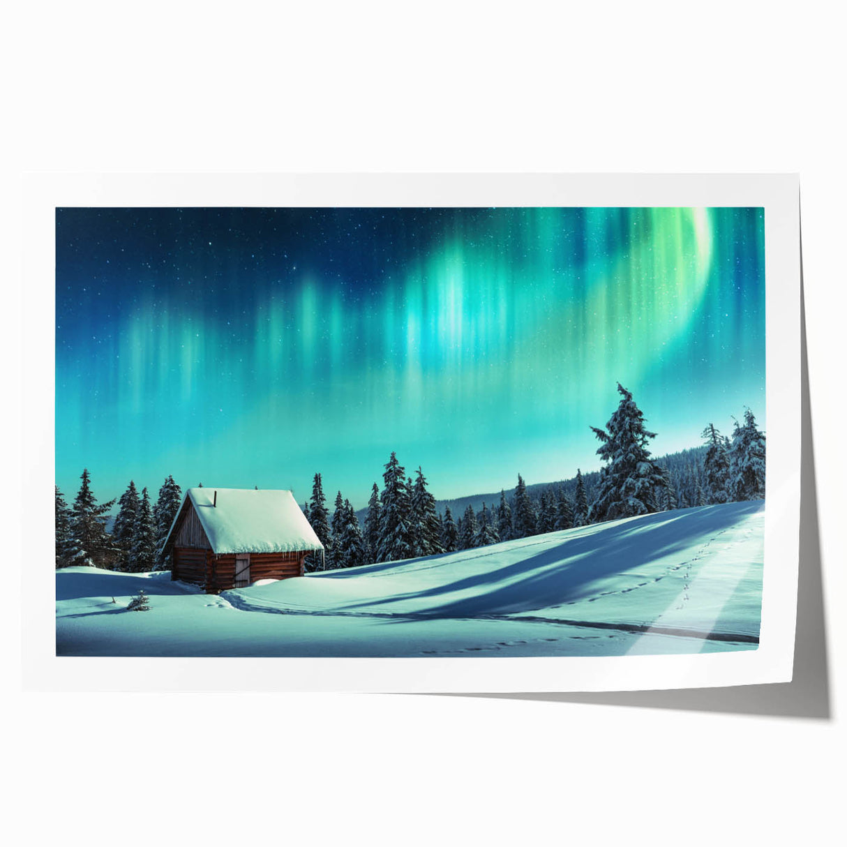Extra large rolled print of a serene Finnish landscape with lush greenery and a tranquil lake, in soft natural tones.