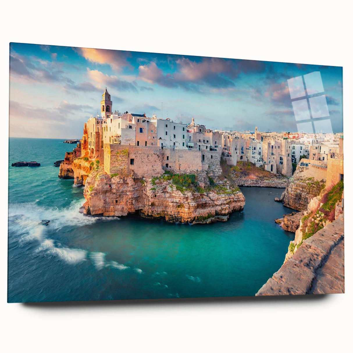 Large abstract acrylic print of a Corsican landscape in muted earth tones, ideal for bedroom or dining room art.