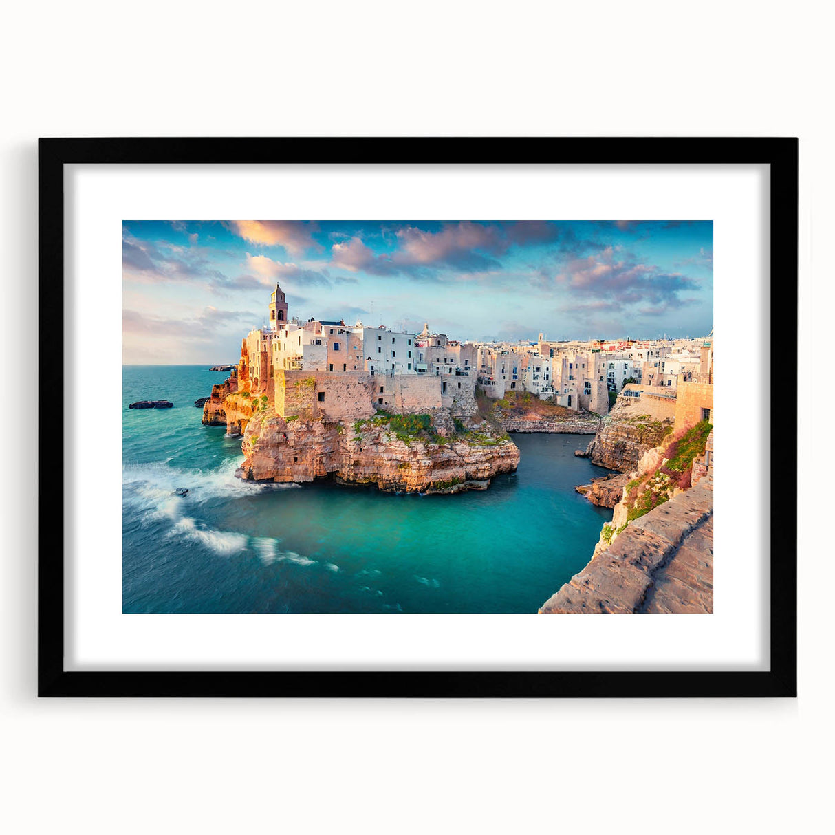 Extra large, textured abstract art print of a colorful Corsican landscape on a black framed canvas.