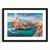 Extra large abstract art print of a colorful Corsican landscape, textured with vibrant hues, framed in black.