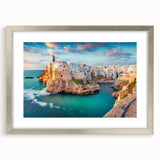 Extra large abstract art print of Corsican scenery in textured silver frame, ideal for living room decor.