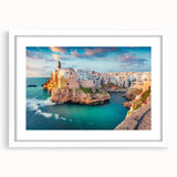 Textured abstract art print of a Corsican landscape in muted earth tones on a framed white mat, ideal for bedroom decor.