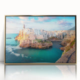 Art deco poster of Corsica with muted blue and gold tones on framed acrylic, suitable for modern art wall decor.