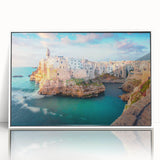 Mid-century modernist art of a Corsican landscape in muted earth tones on a white-framed acrylic.