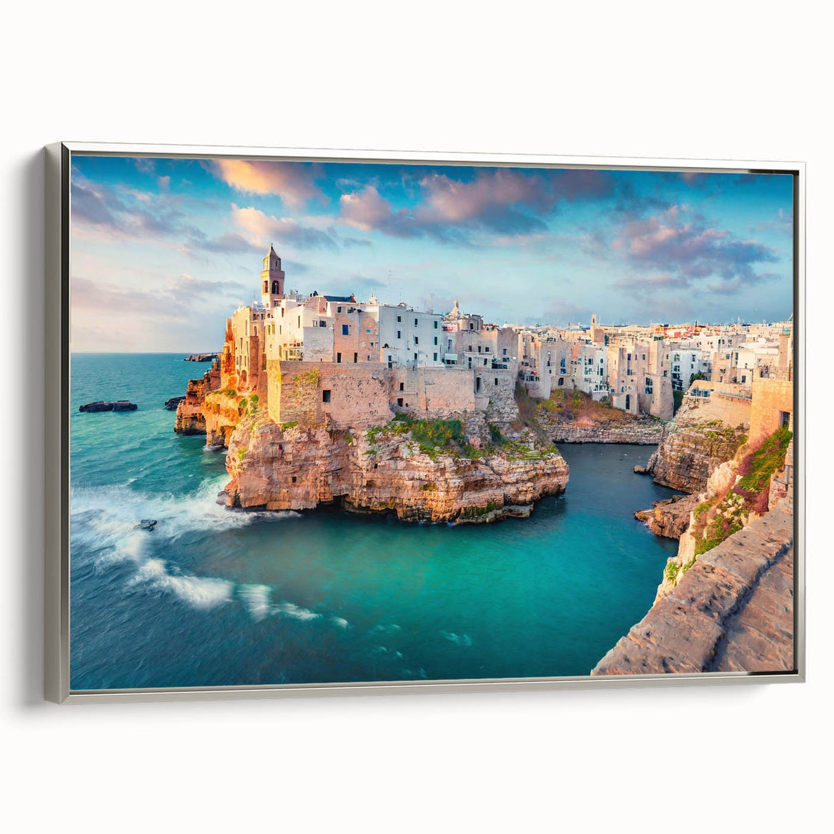 Landscape art painting of Corsican scenery in vibrant colors on a silver-framed canvas, ideal for living room decor.