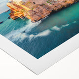 Art deco poster of Corsican coastline in muted blues and greens on rolled canvas, suitable for dining room decor.