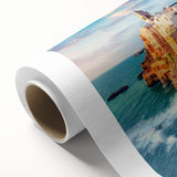 Art Deco-style poster of Corsican landscape with muted blue and green tones on rolled canvas.