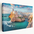 Side view of a stretched canvas depicting a serene Corsican landscape in soft pastel shades, ideal for kitchen wall art.