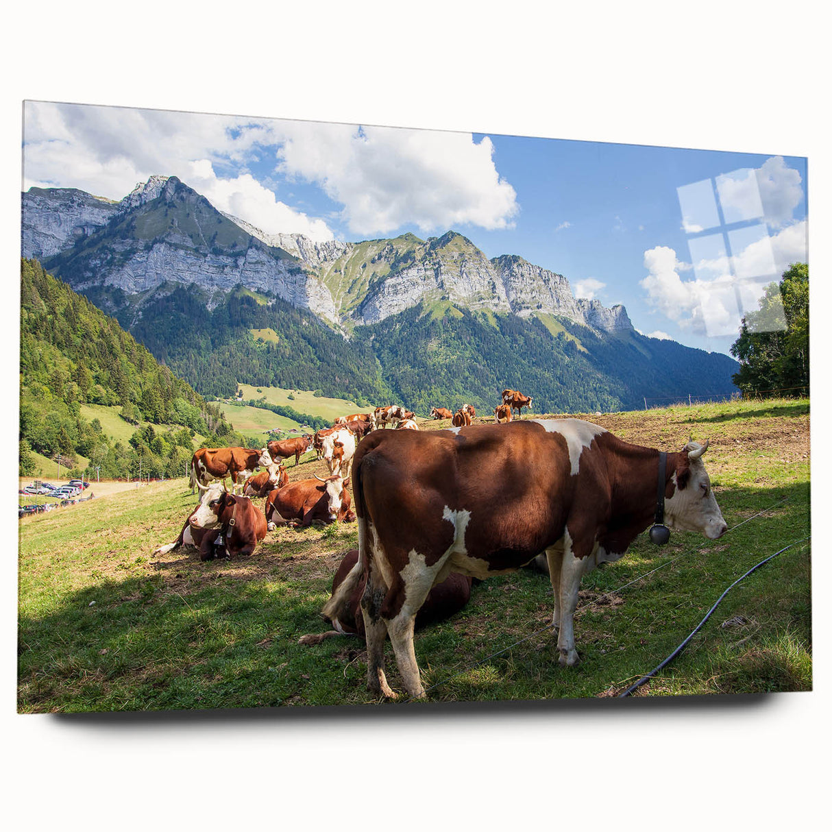 Acrylic print of the French Alps in muted blues and grays, ideal for bedroom or dining room decor.