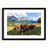 Extra large textured abstract art print of the French Alps in vibrant colors, framed in black, ideal for living room decor.