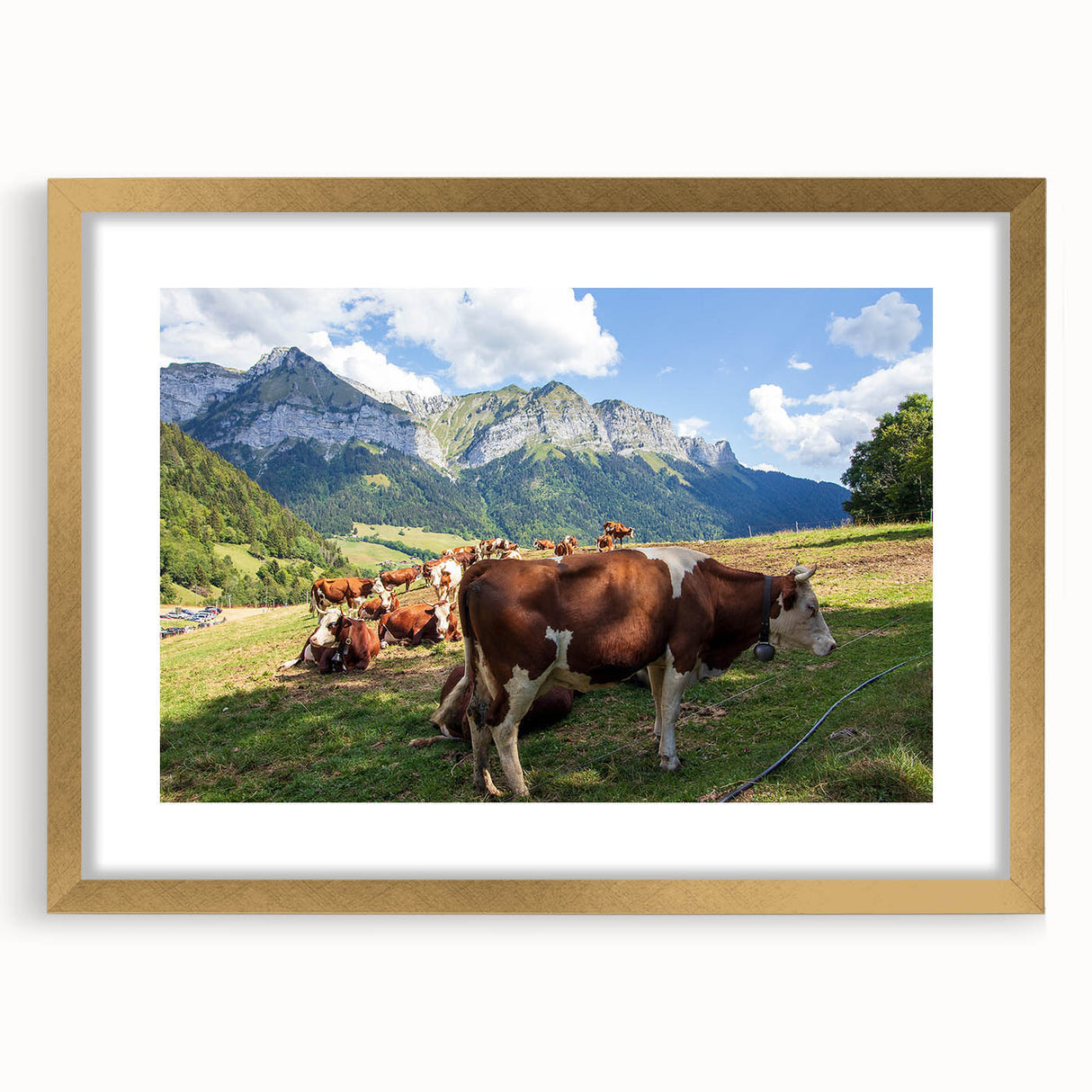 Abstract art print of the French Alps in muted earth tones on a framed canvas, suitable for dining room decor.