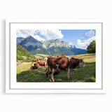 Textured art print of the French Alps in muted earth tones, framed with a white mat, ideal for bedroom wall decor.