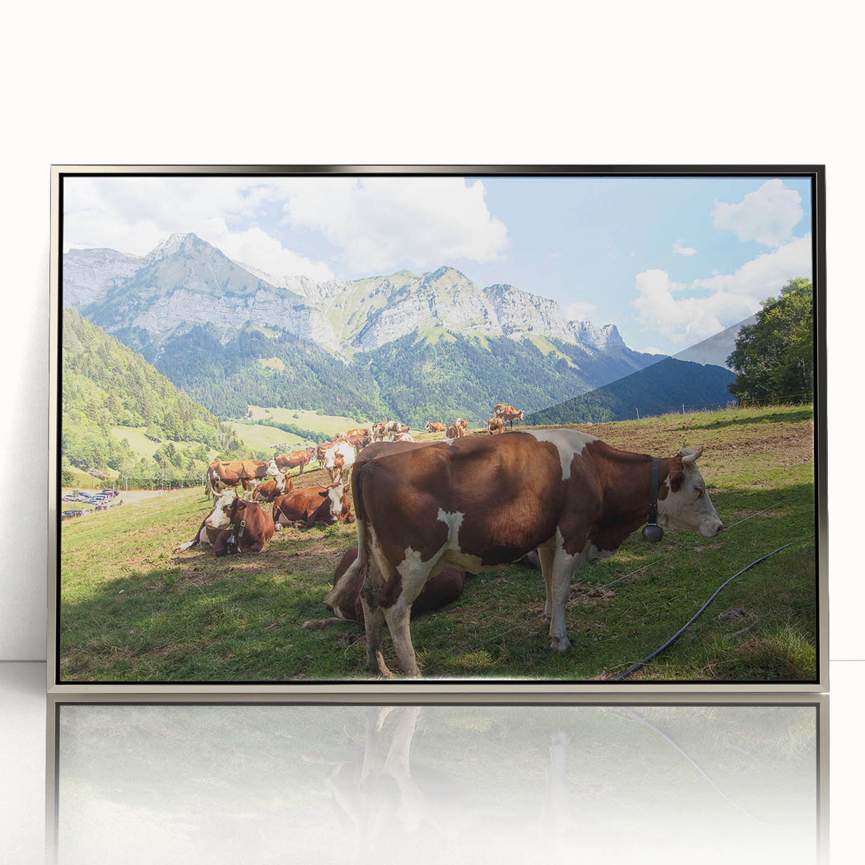 Mid-century modernist art of the French Alps in muted earth tones, framed acrylic, ideal for modern art wall decor.