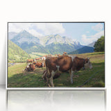 Mid-century modernist art of the French Alps in muted earth tones on a framed acrylic, ideal for nursery wall art.