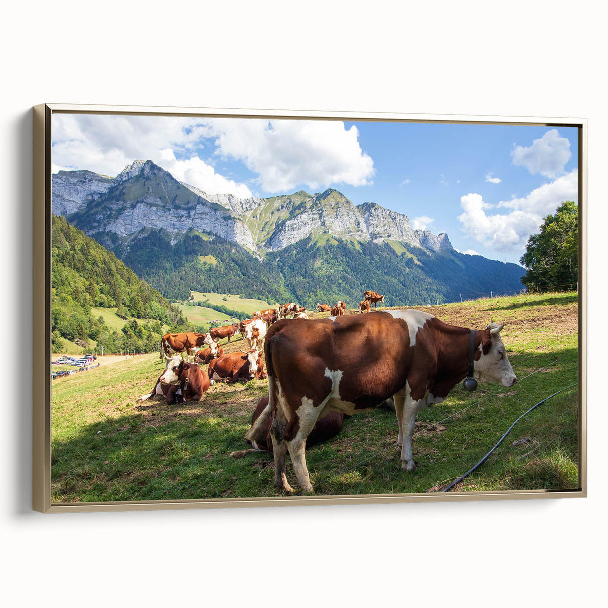 Framed canvas depicting a vintage-style landscape of the French Alps in muted earth tones, ideal for bedroom wall art.