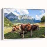 Vintage poster art of the French Alps in colorful hues on a large framed canvas, ideal for living room decor.