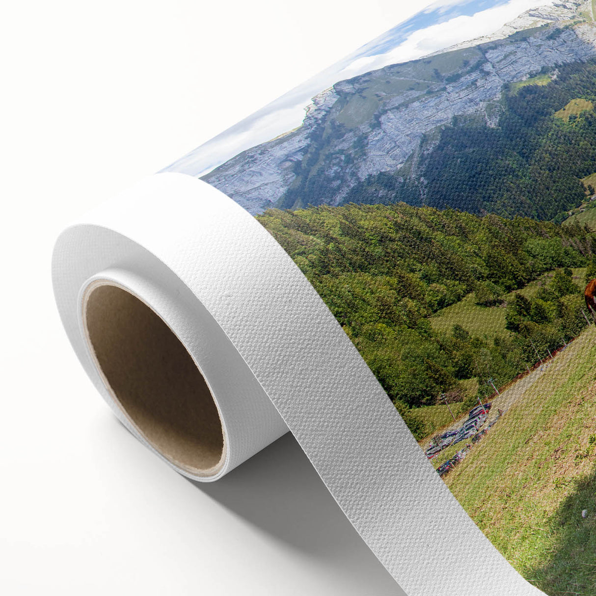 Art deco poster of the French Alps in muted blue and white tones on rolled canvas, ideal for nursery wall art.