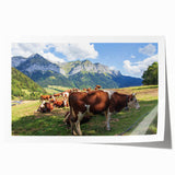 French Alps landscape on rolled print, featuring muted green and earth tones, ideal for dining room wall art.