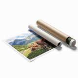 Extra large rolled print of the French Alps, featuring vibrant green and blue hues, perfect for classy bathroom wall art.
