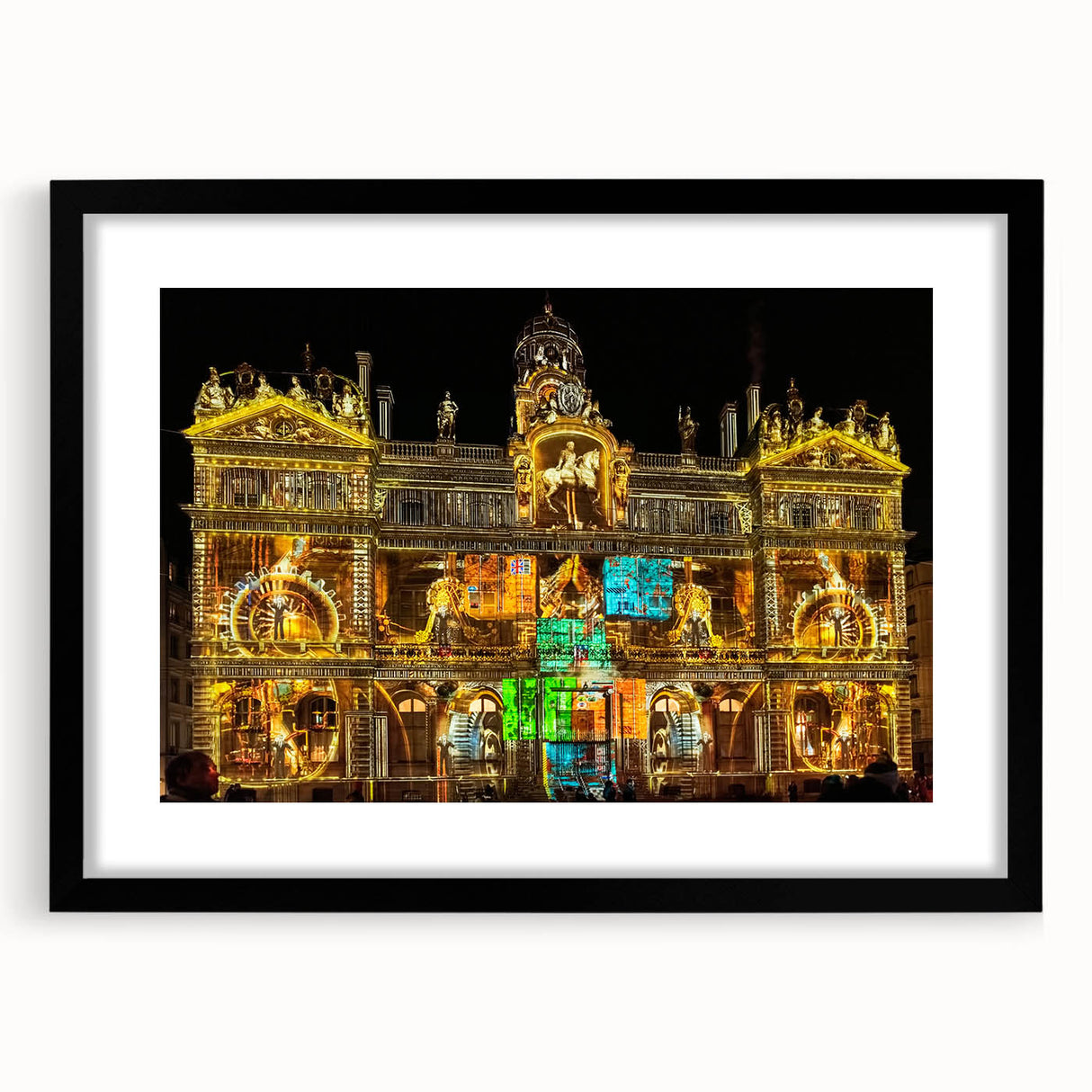Extra large abstract art print of Lyon scenery in vibrant colors on textured canvas, framed in black.