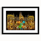 Extra large abstract art print of Lyon scenery in vibrant colors on textured canvas, framed in black.