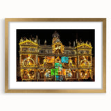 Abstract art print of Lyon, France in muted gold and blue tones on a framed canvas, suitable for dining room decor.