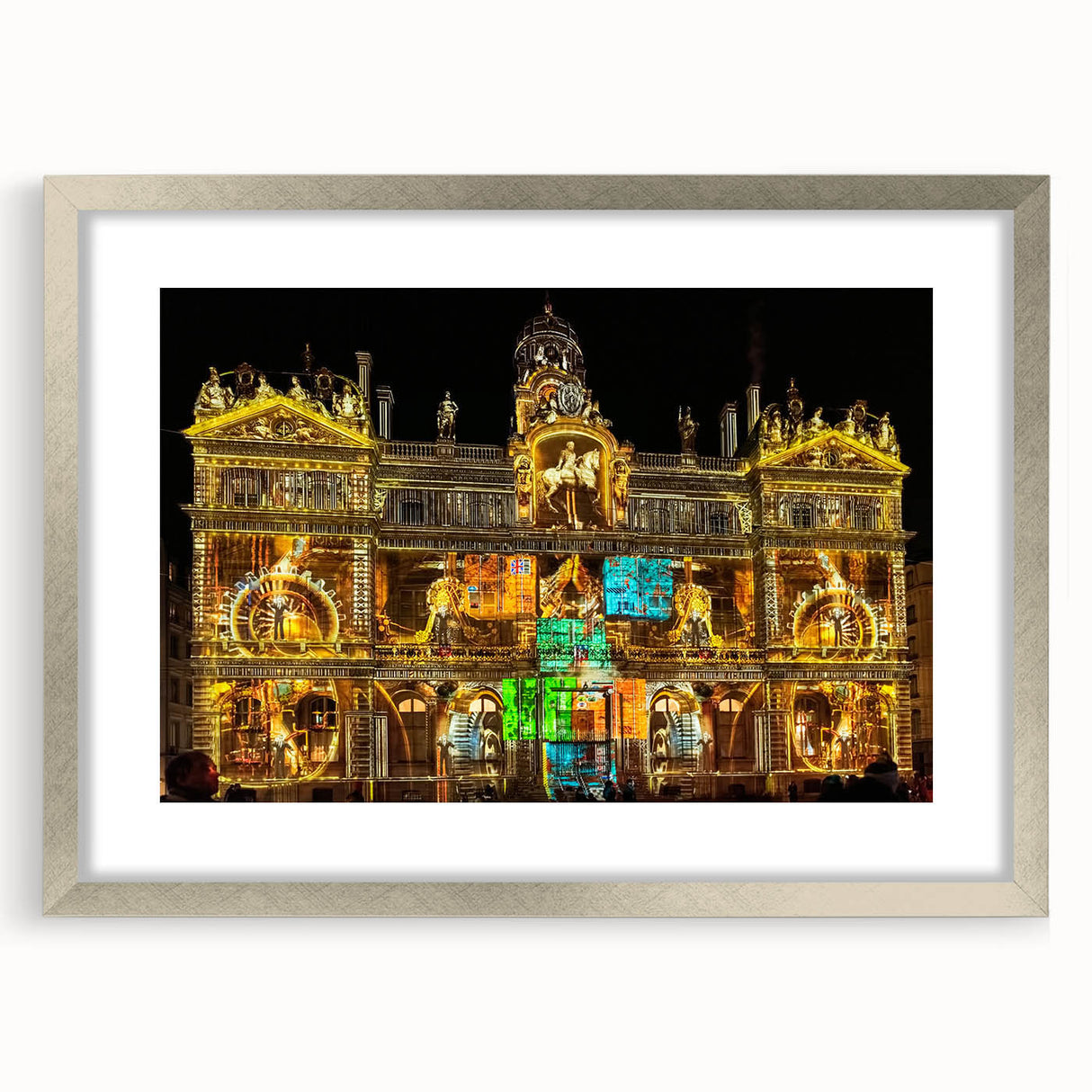 Extra large abstract art print of Lyon scenery in textured silver frame, ideal for living room decor.