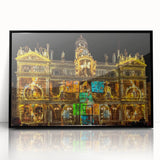 Large abstract wall art depicting the Lyon cityscape in muted gray and blue tones, framed in black acrylic.