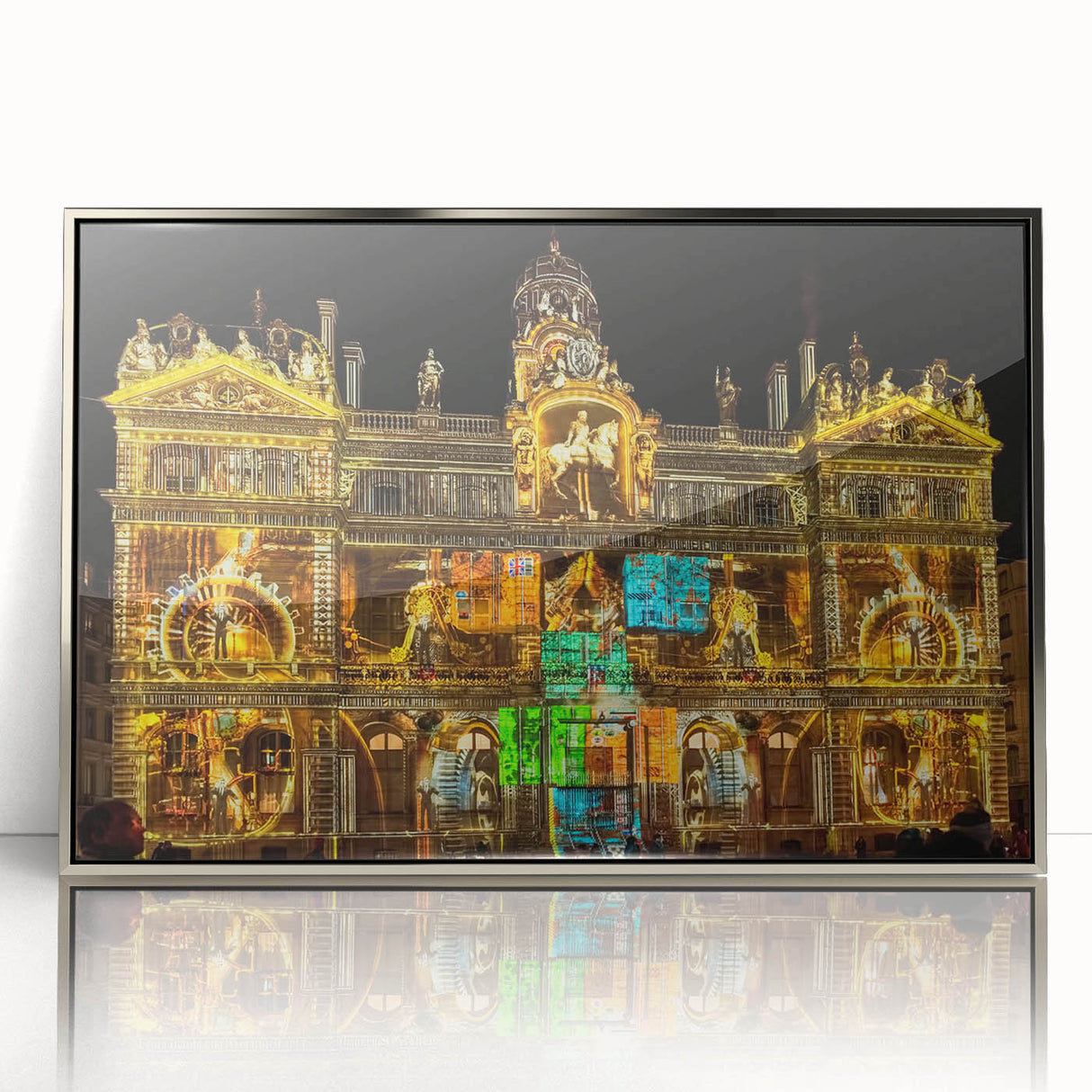 Large art print of Lyon, France scenery in muted earth tones on a silver-framed acrylic, ideal for modern art wall decor.