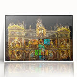 Mid-century modernist art of Lyon, France in muted earth tones on a white framed acrylic, ideal for nursery wall decor.