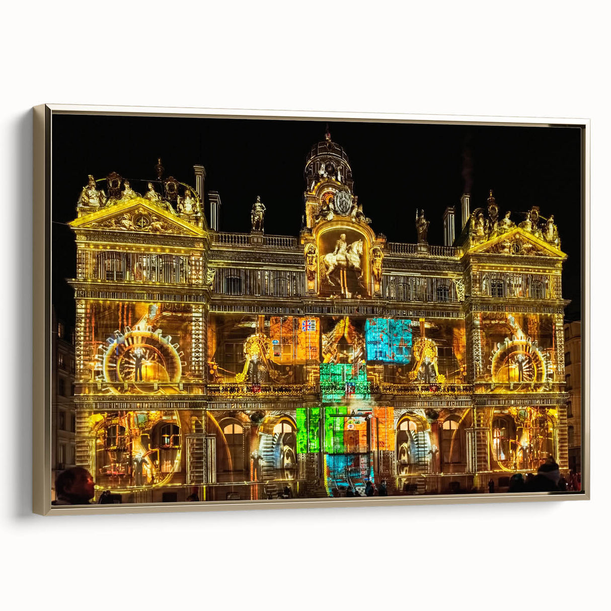 Framed canvas of a vintage-style Lyon landscape in muted gold and black tones, ideal for bedroom wall art.