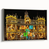 Landscape art painting of Lyon, France on framed canvas, featuring vintage poster style with colorful and black elements.