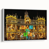 Vintage poster art of Lyon, France in vibrant colors on extra large framed canvas, ideal for living room decor.