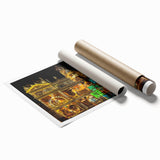 Extra large rolled print of Lyon, France scenery with floral elements in pastel shades, ideal for classy bathroom wall art.