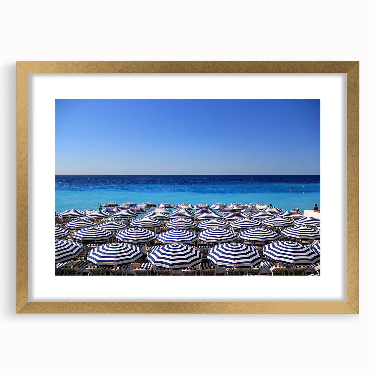 Abstract art print of Nice, France in muted blue and gold tones on a framed canvas, ideal for dining room decor.