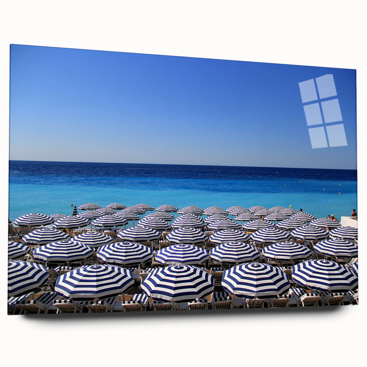 Large abstract wall art featuring a scenic view of Nice, France, in muted blue and green tones on acrylic glass.