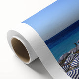 Art deco poster of Nice, France in muted blue and peach tones on rolled canvas, ideal for nursery wall art.