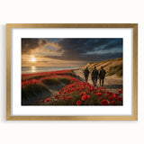 Abstract art print of Normandy scenery in muted green and blue tones, framed in gold, ideal for dining room decor.