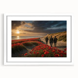 Textured abstract art print of Normandy coastline in earthy tones on a framed white mat, suitable for bedroom art.