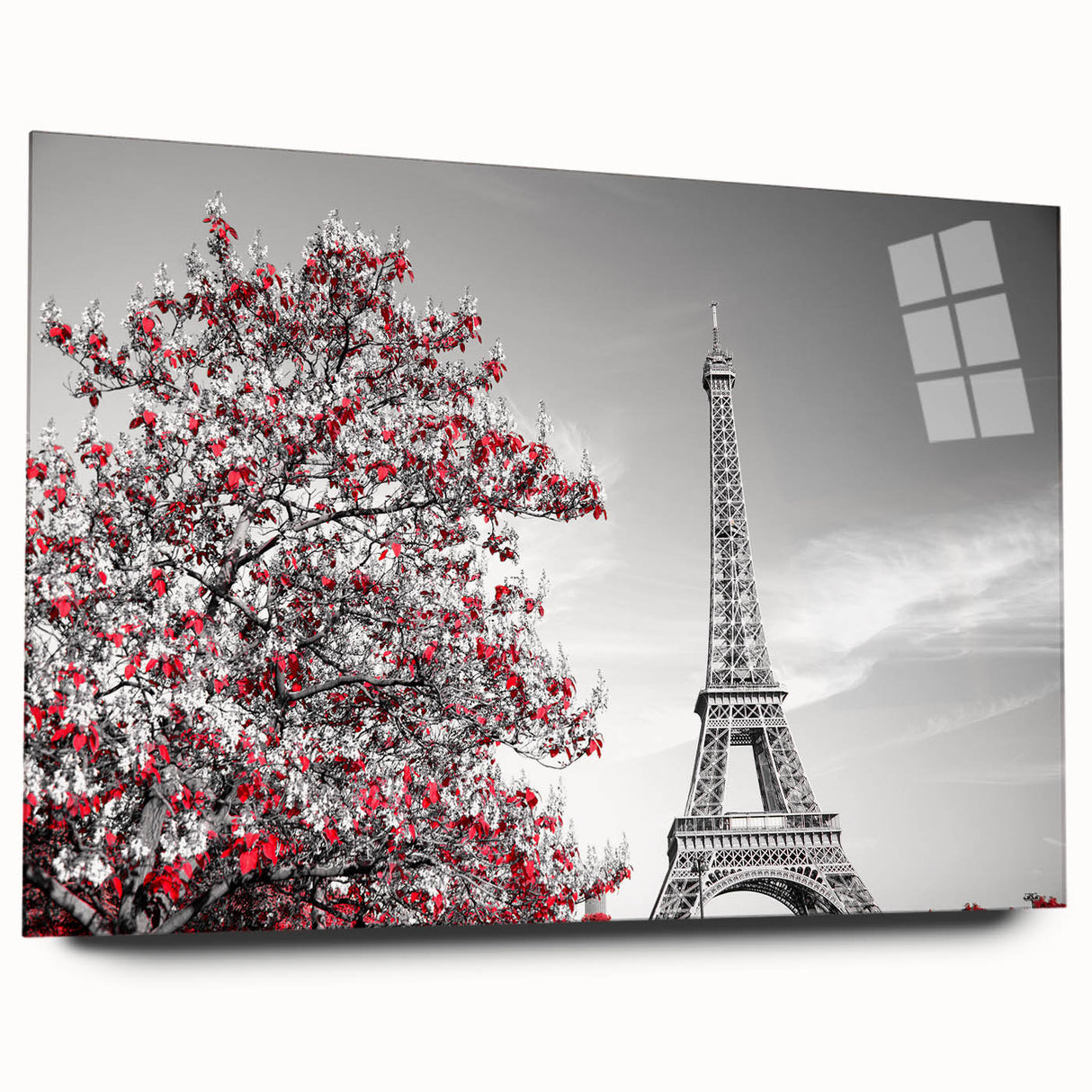 Large abstract depiction of the Paris skyline in muted gray tones on acrylic glass, ideal for bedroom or dining room art.