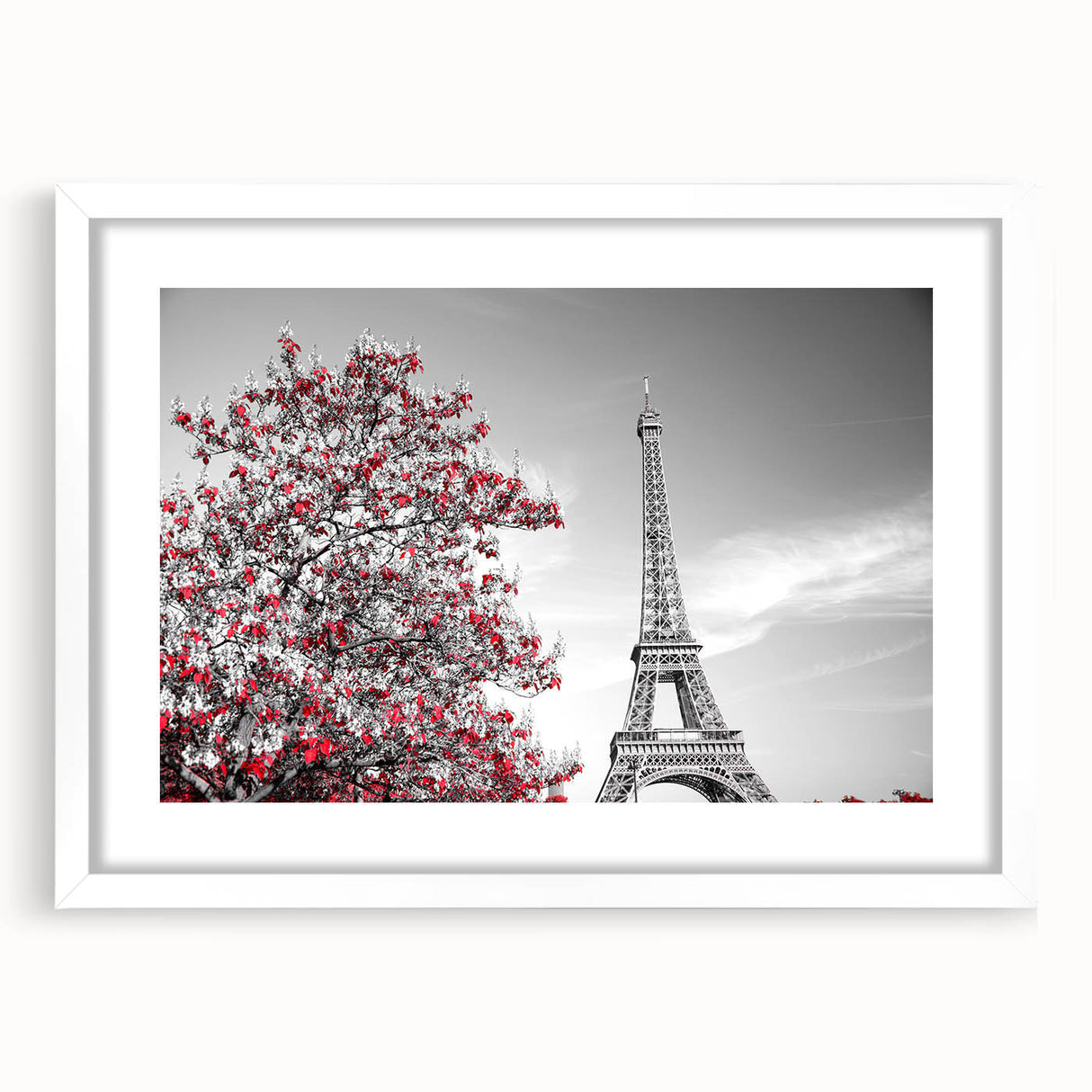 Textured art print of abstract Paris skyline in muted gray and blue tones on a framed white mat, ideal for bedroom art.