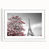 Textured art print of abstract Paris skyline in muted gray and blue tones on a framed white mat, ideal for bedroom art.