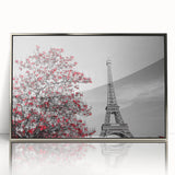 Large art print of a Paris scenery in muted gray tones, framed in silver acrylic, ideal for modern art wall decor.