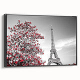 Black and white vintage poster art of Paris landscape on framed canvas, suitable for bedroom decor.