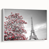 Vintage poster art of Paris with colorful accents on a white-framed canvas, suitable for a large living room wall.
