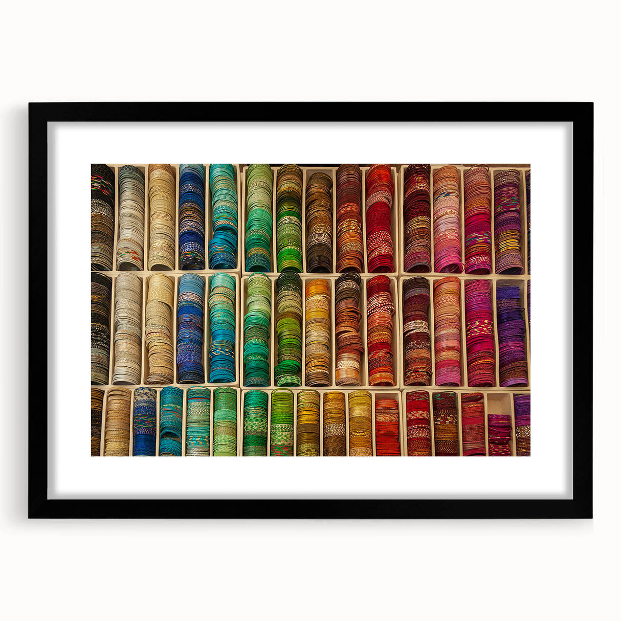 Extra large abstract art print of a colorful, textured European scenery in a black frame, ideal for living room decor.